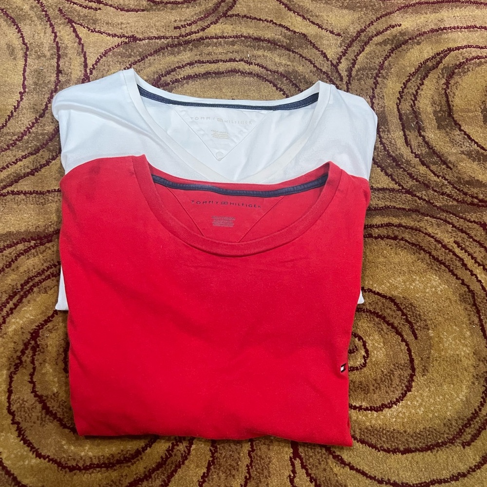 Tommy Hilfiger Men’s Red and White Short Sleeve Crew Neck Tees